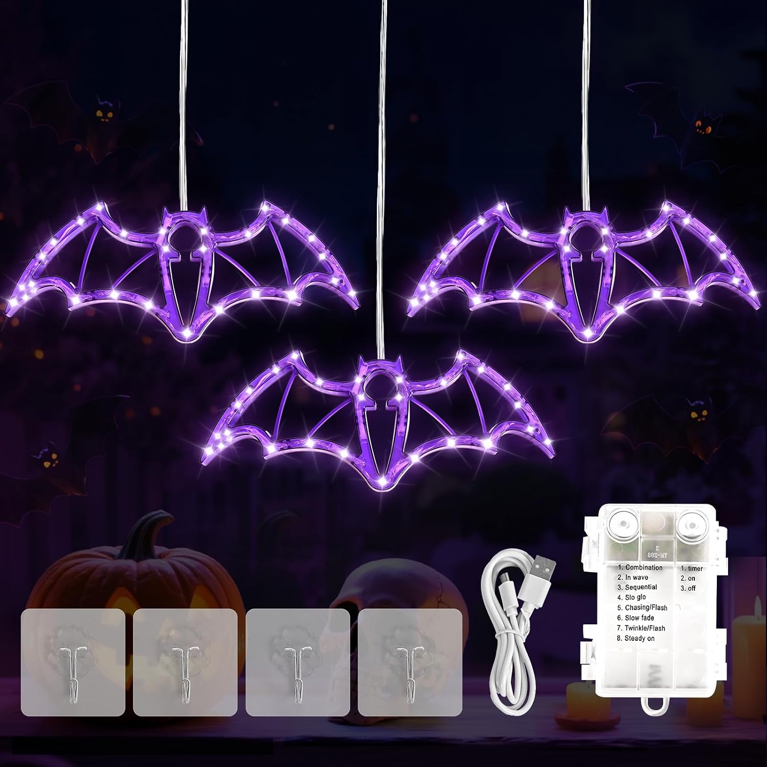 Halloween Window Lights Purple Bat with Timer, 36LED USB & Battery | 2FT Halloween String Lights, 8 Modes Halloween Decorations Lights IP44 Waterproof, 4 Hooks for Window, Party, Holiday Decor