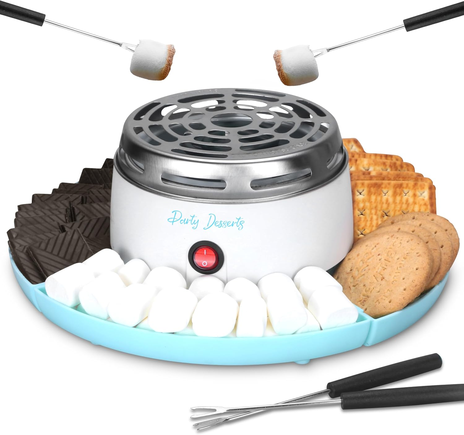 Electric Smores Maker Tabletop Indoor Kit, Indoor Marshmallow Roaster, Smores Station with 4 Compartment Trays & 4 Forks, Great Gift for Adults and Kids in Holidays and Parties (Blue)