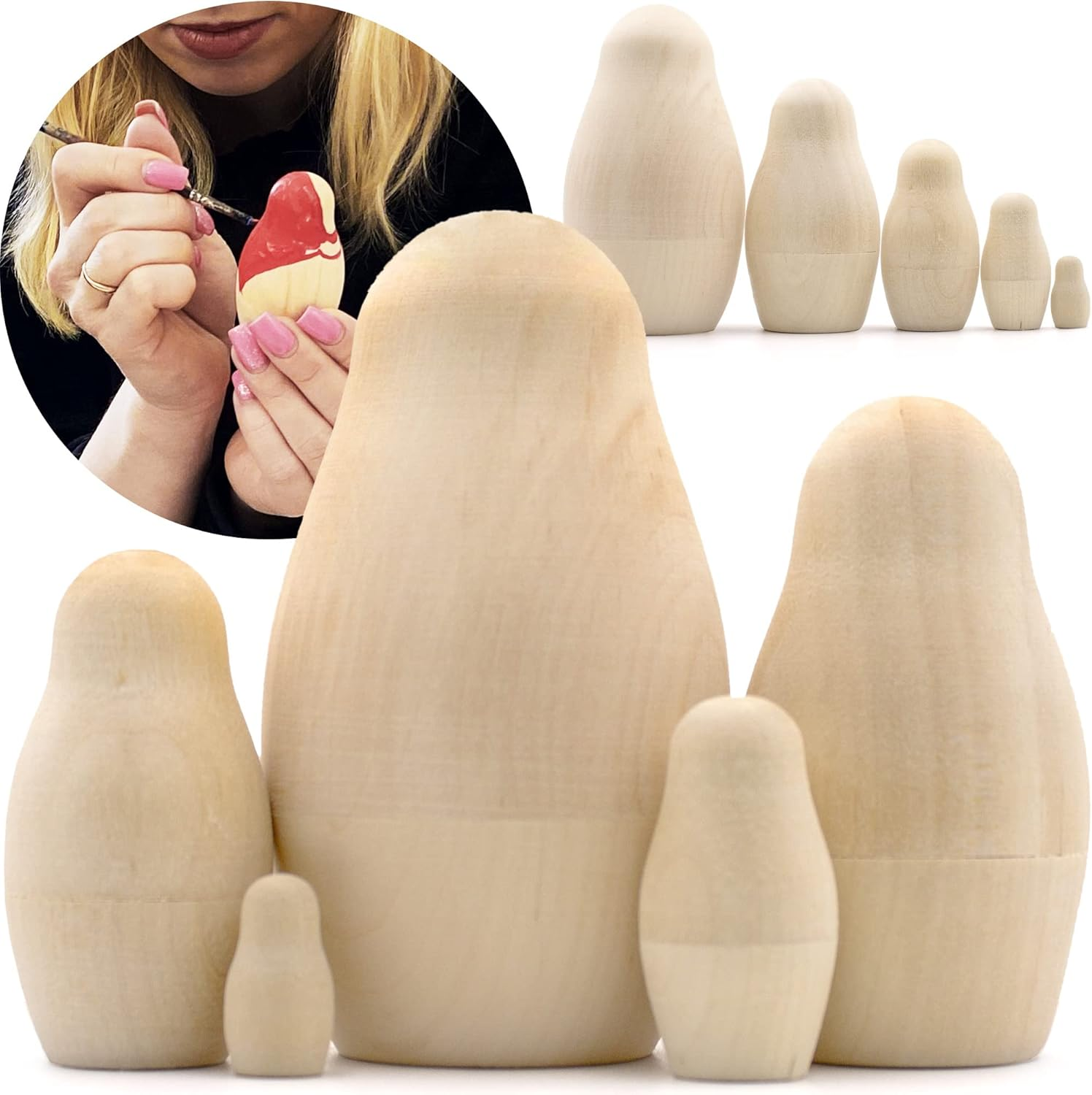 AEVVV Unpainted Blank Russian Matryoshka 5 Figures - DIY Craft Wood Unfinished Shapes Handmade Souvenir