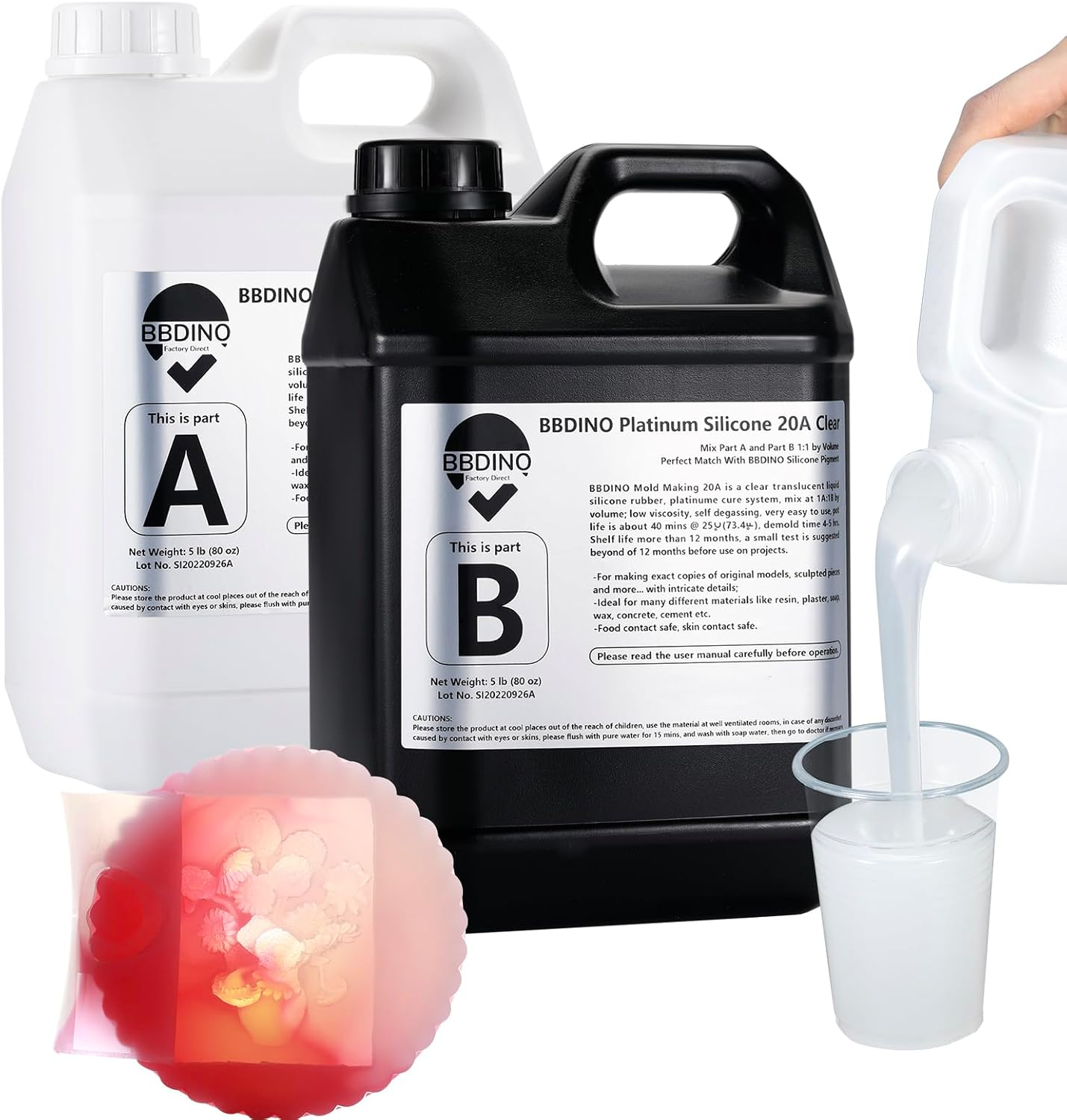 BBDINO Silicone Mold Making Kit 20A - 1 Gallon/10 Lbs/160 Oz, Clear Translucent, 1:1 by Volume, Liquid for Resin, Soap, Concrete, Wax