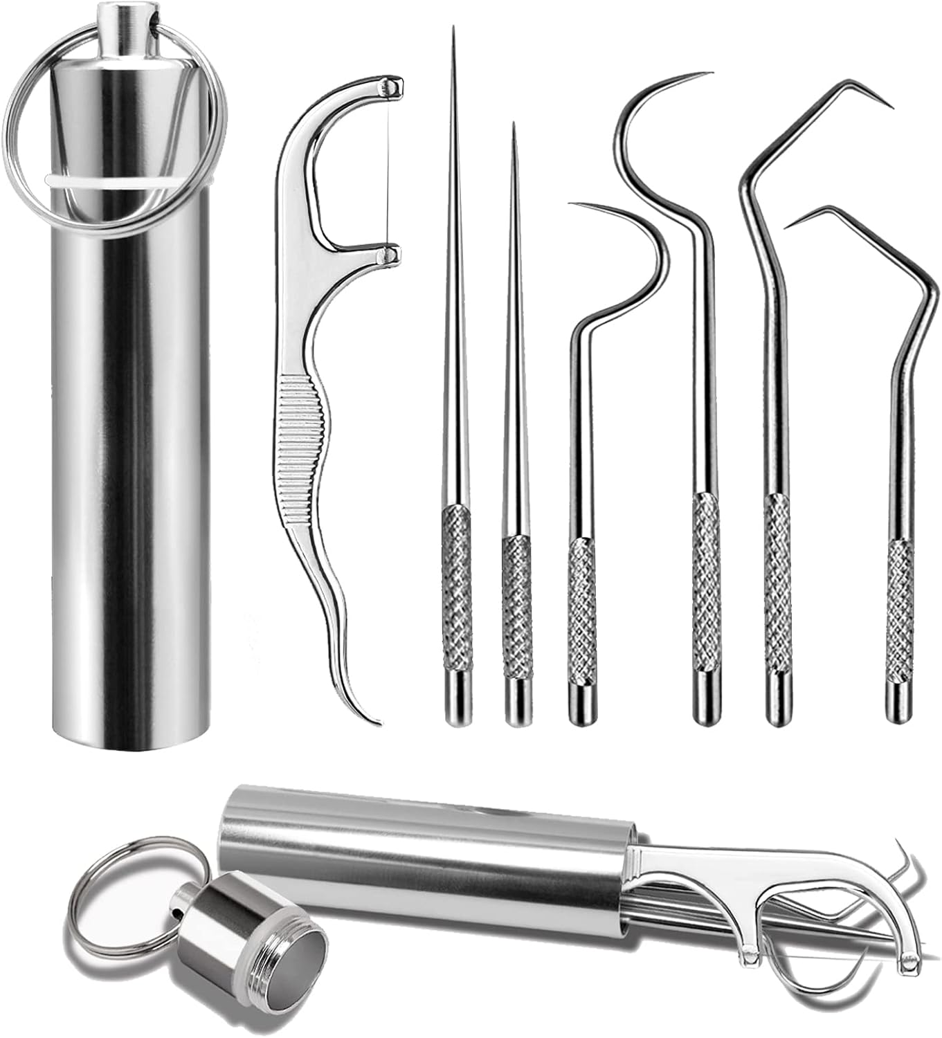 7Pcs 2 Set Portable Stainless Steel Toothpicks Pocket Set, Reusable Metal Toothpicks Cleaning Kit with Holder for Outdoor Picnic Camping Travel