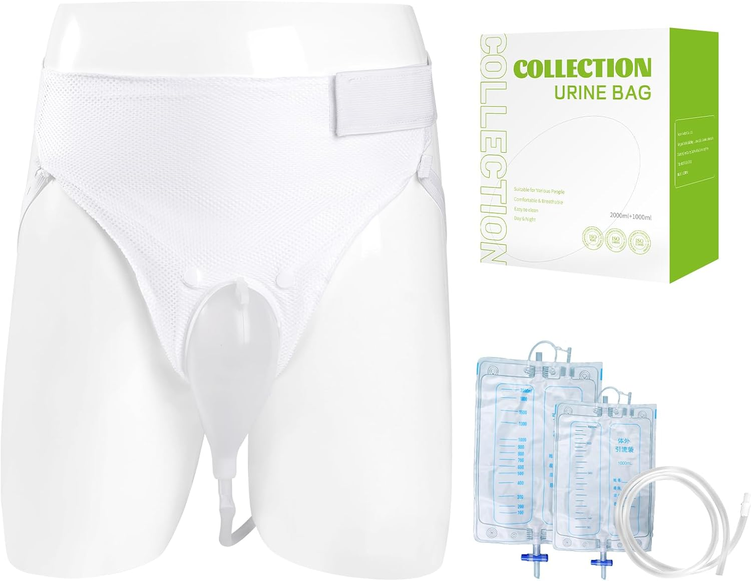 Wearable Urinal for Men,Protable Male Urine Collection Bag，Reusable Silicone Urine Bag,Urinary Drainage Bag System,Elderly Urinal with Urine Bags(2000 ML*1+1000 ML*1) for Bedridden Patients