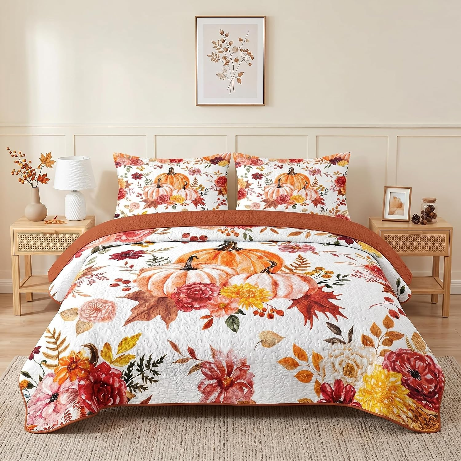 Queen Fall Quilt Set, 3 Pieces Autumn Floral Bedding, Bedspread
