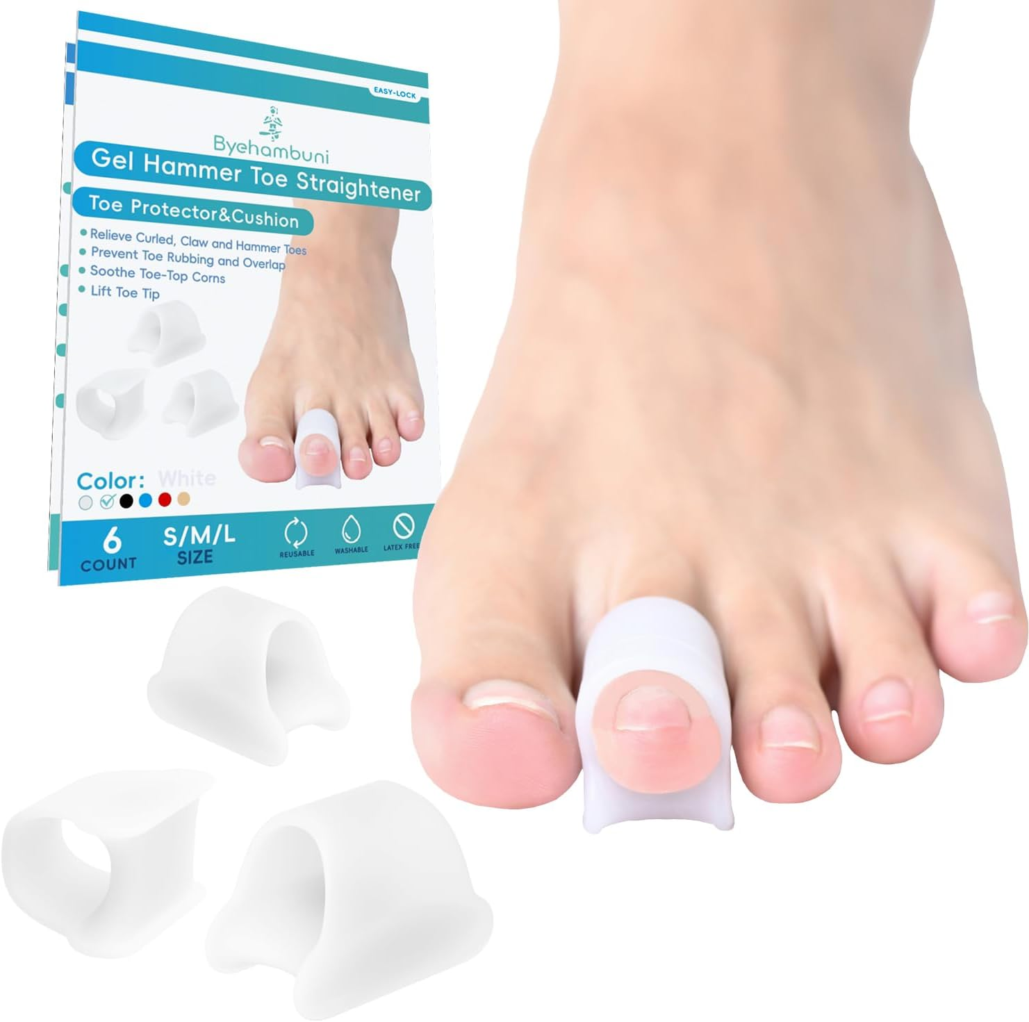 Byehambuni Hammer Toe Straightener, 6 Pack Hammer Toe Corrector for Women, Gel Toe Straighteners for Curled, Crooked, Bent, Claw, Hammertoes for Women and Men, 3 Different Sizes (White)