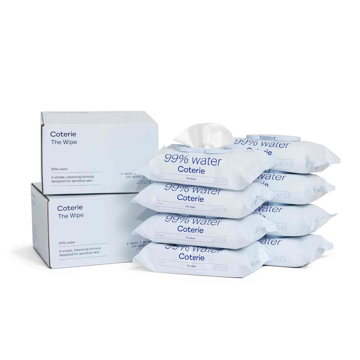 Coterie Baby Wipes for Sensitive Skin, Plant-Based and Plastic-Free Fibers, 99% Water, Hypoallergenic, Ph Balanced, Unscented, Clean and Gentle Baby Essentials, 8 Pack, 448 Count