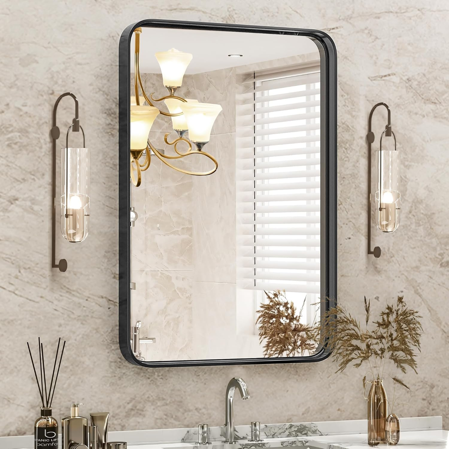 Black Metal Framed Vanity Rounded Rectangle Bathroom Mirrors for over Sink Wall, 30X22 Inch Matte Large Mirror, Modern Decorative for Restroom, Farmhouse, Horizontally or Vertically Hanging