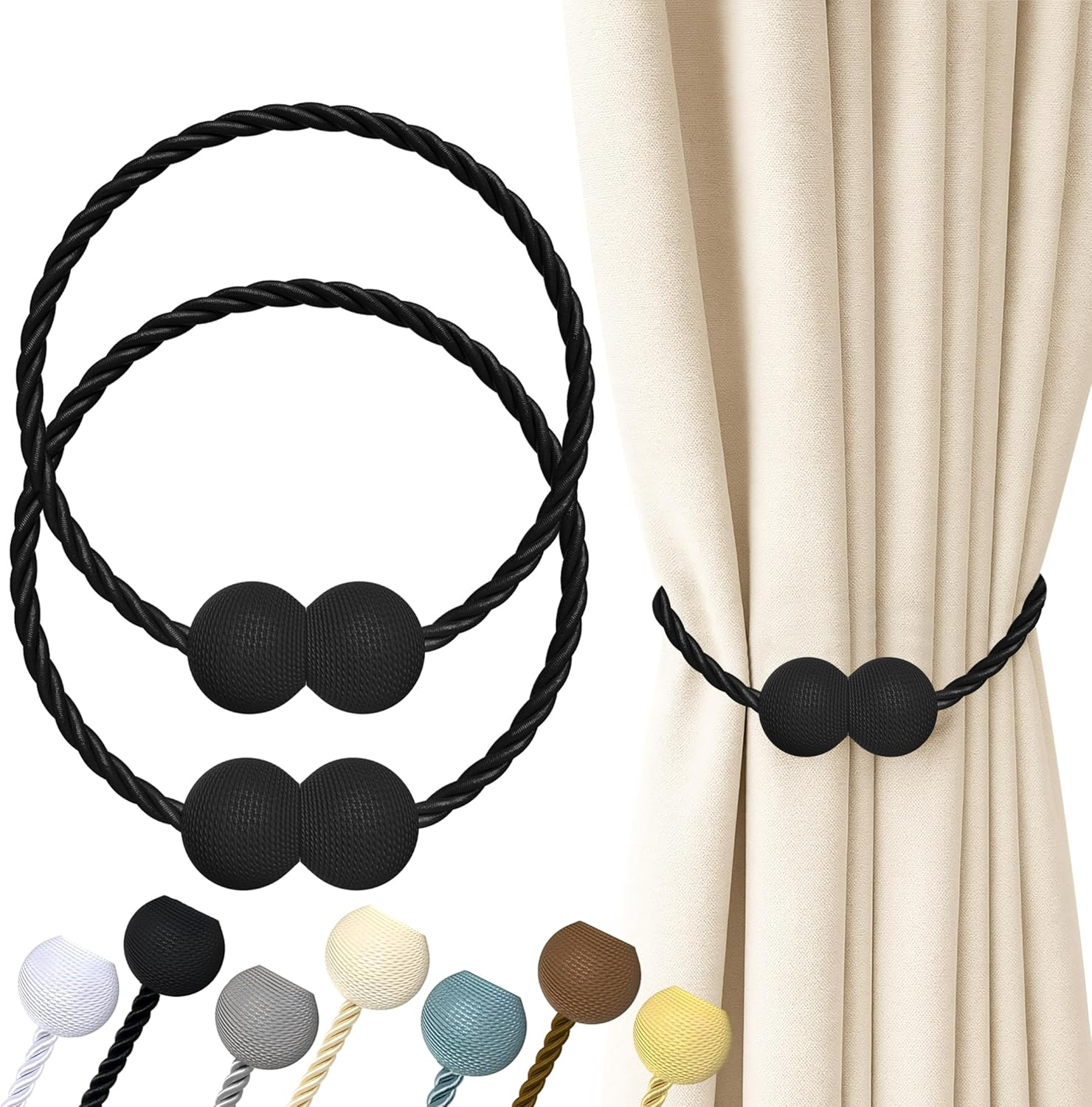 Magnetic Curtain Tiebacks Black 2pcs, Curtain Tiebacks Buckles Holdbacks Holders Hooks Clip for Home Outdoor Bedroom Office Decorative Curtain