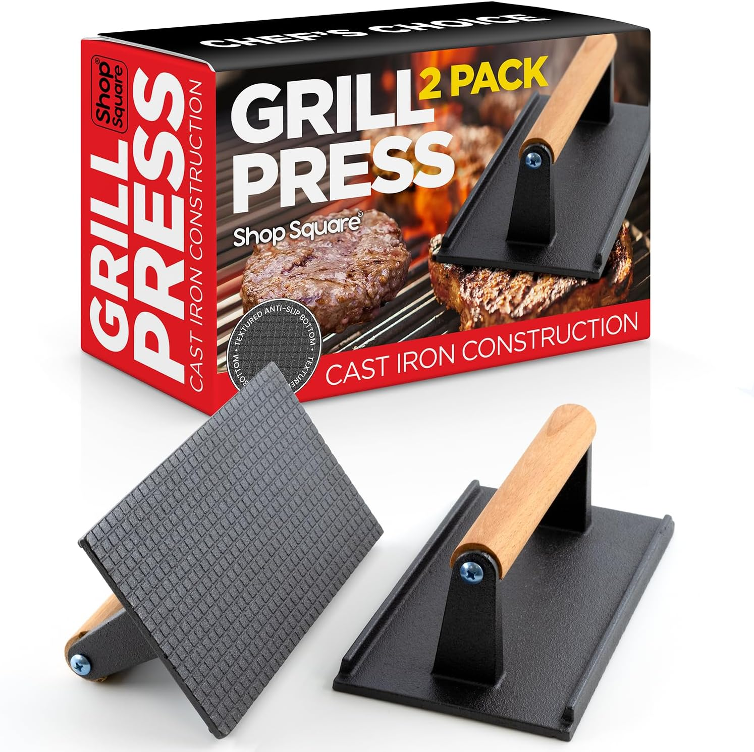 Cast Iron Grill Press (Set of 2) - 8 X 4 Inch, 2.6 Lb Griddle Press with Cool-Touch Wood Handle - Pre-Seasoned for Steak, Burgers, Sandwiches, and Paninis – Non-Stick Grill Weight