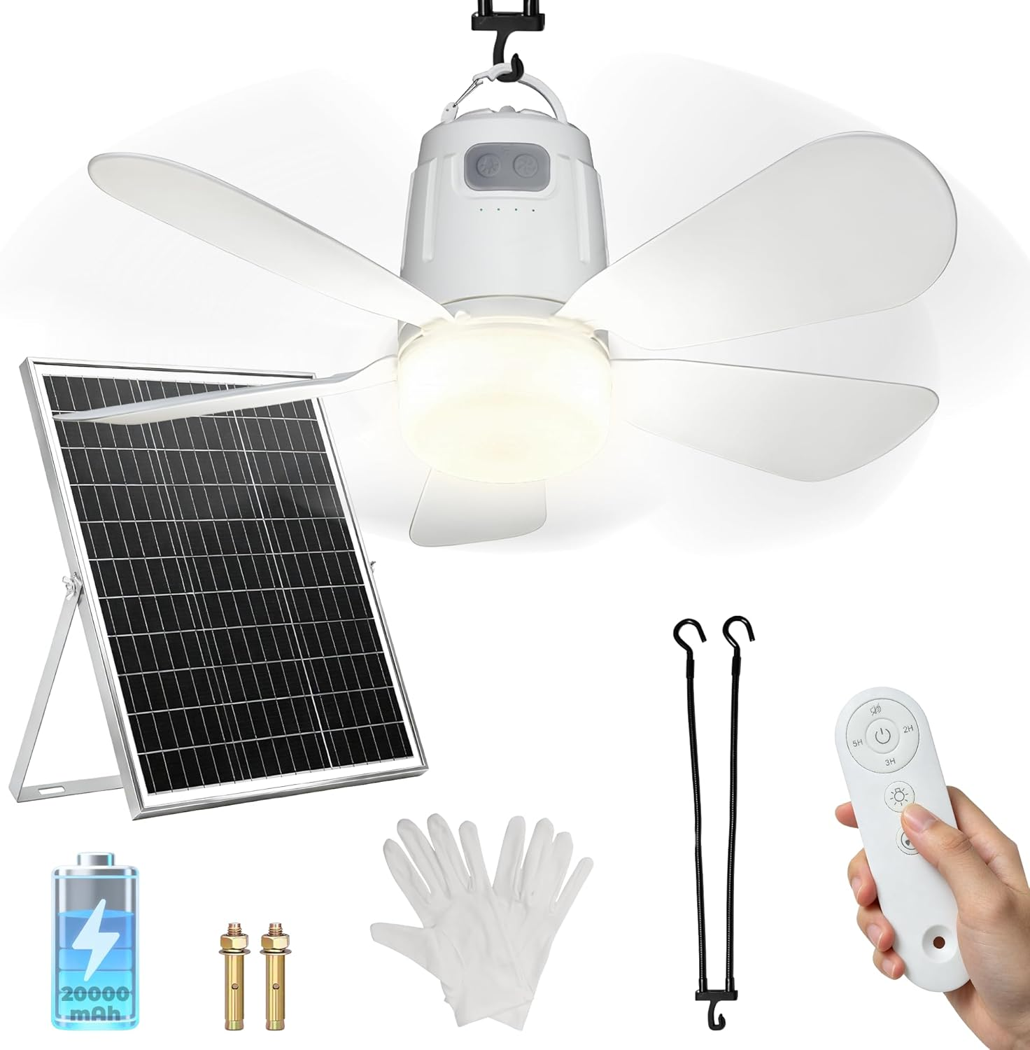 Solar Ceiling Fan 20'', 20000Mah Battery Portable Ceiling Fan with 30W Solar Powered, Remote & Hanging Hook, 3000K-6000K Dimmable Solar Fans for Outside, Tent, Gazebo, Canopy, RV, Chicken Coop