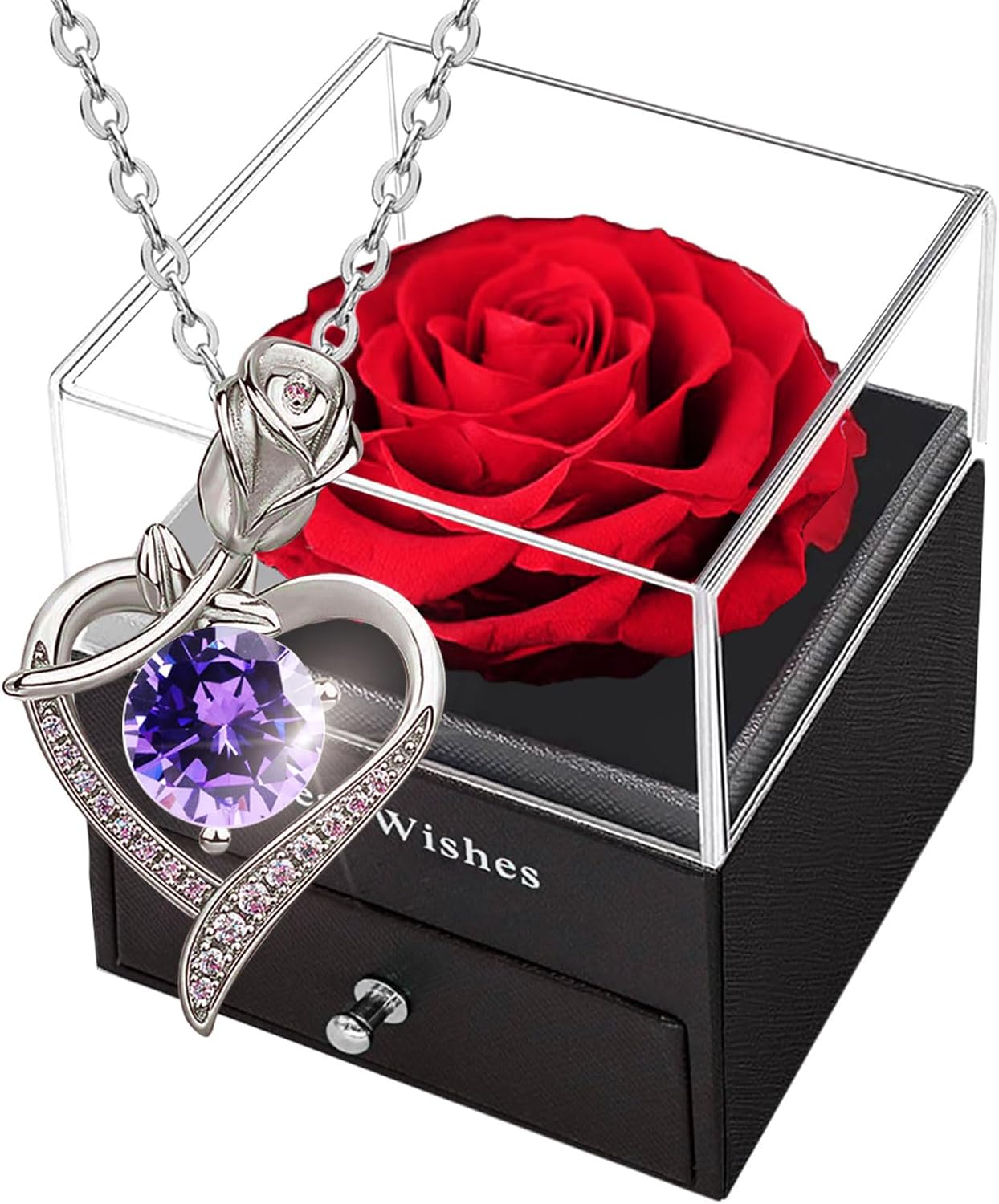 Preserved Rose Box with Crystal Heart Necklace -Real Red Eternal Rose with Sterling Silver Love Amethyst Pendant,Forever Flower with Purple Birthstone Gift for Her on Anniversary