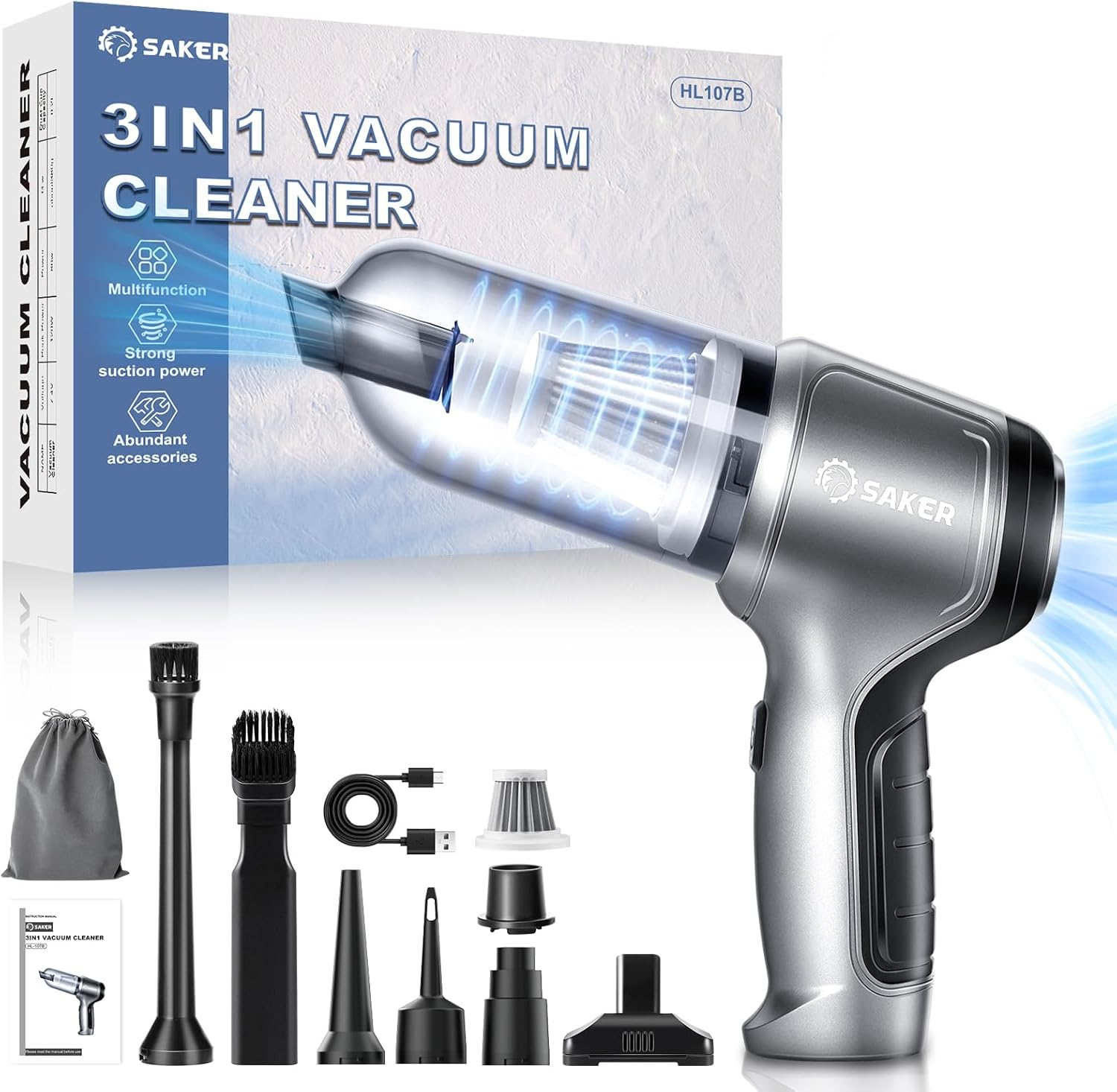 Saker Car Vacuum Portable Cordless 3 in 1 Handheld Car Vacuum 15000PA High Power with Brushless Motor and Typec for Cars,Office,Home Cleaning HL107B