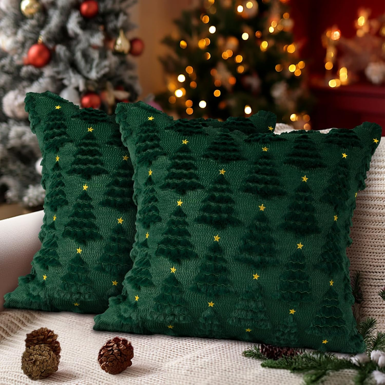 Christmas 18x18 Throw Pillow Covers Set of 2, Winter Star Chrismas Tree Throw Pillow Cases Soft Plush Faux Fur Wool 18 x 18 Winter Cushion Cover for Indoor Home Bedroom Couch Sofa Decor (Green)