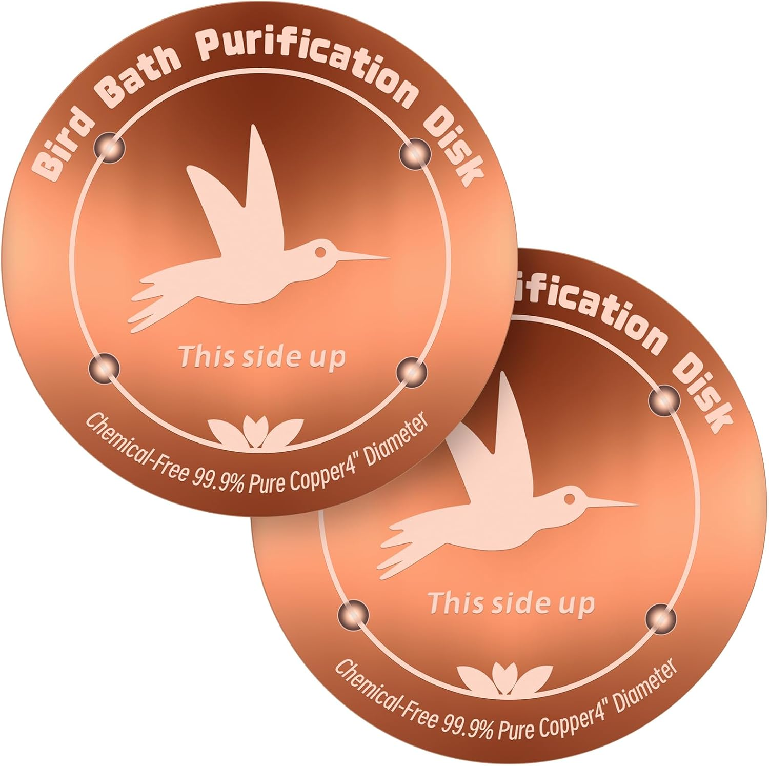 99.99% Pure Copper Bird Bath Purification Disk,Set of 2,0.6mm thick,Reinforced Copper Purification Cleaner with Four-Point Support,All-Season Safe Clean Water,Universal Fit for Outdoor Birdbath&Bowl