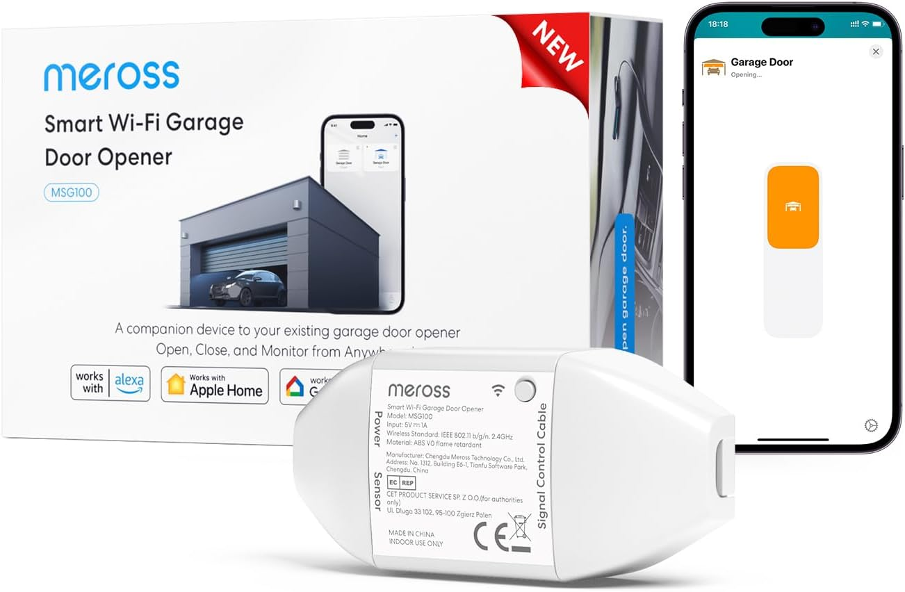 Meross MSG100 Smart Garage Door Opener Remote, Remote Access, Voice Control