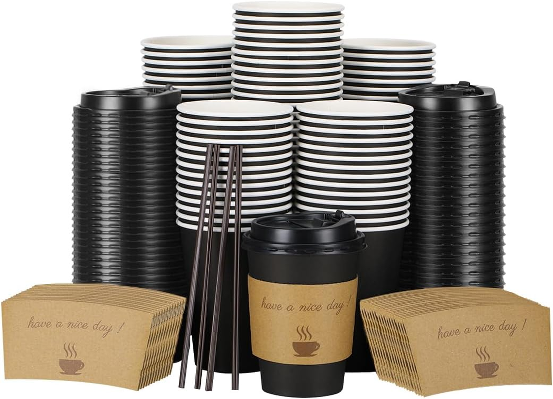 100 pack 12 oz Thickened Coffee Cups with Lids, Scald Resistant Black-100pack