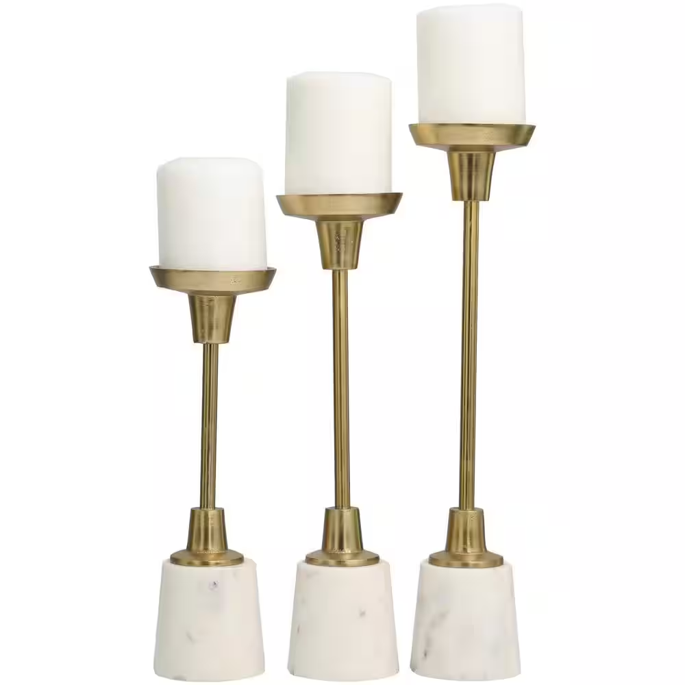 Gold Aluminum Slim Candle Holder with White Marble Base (Set of 3)