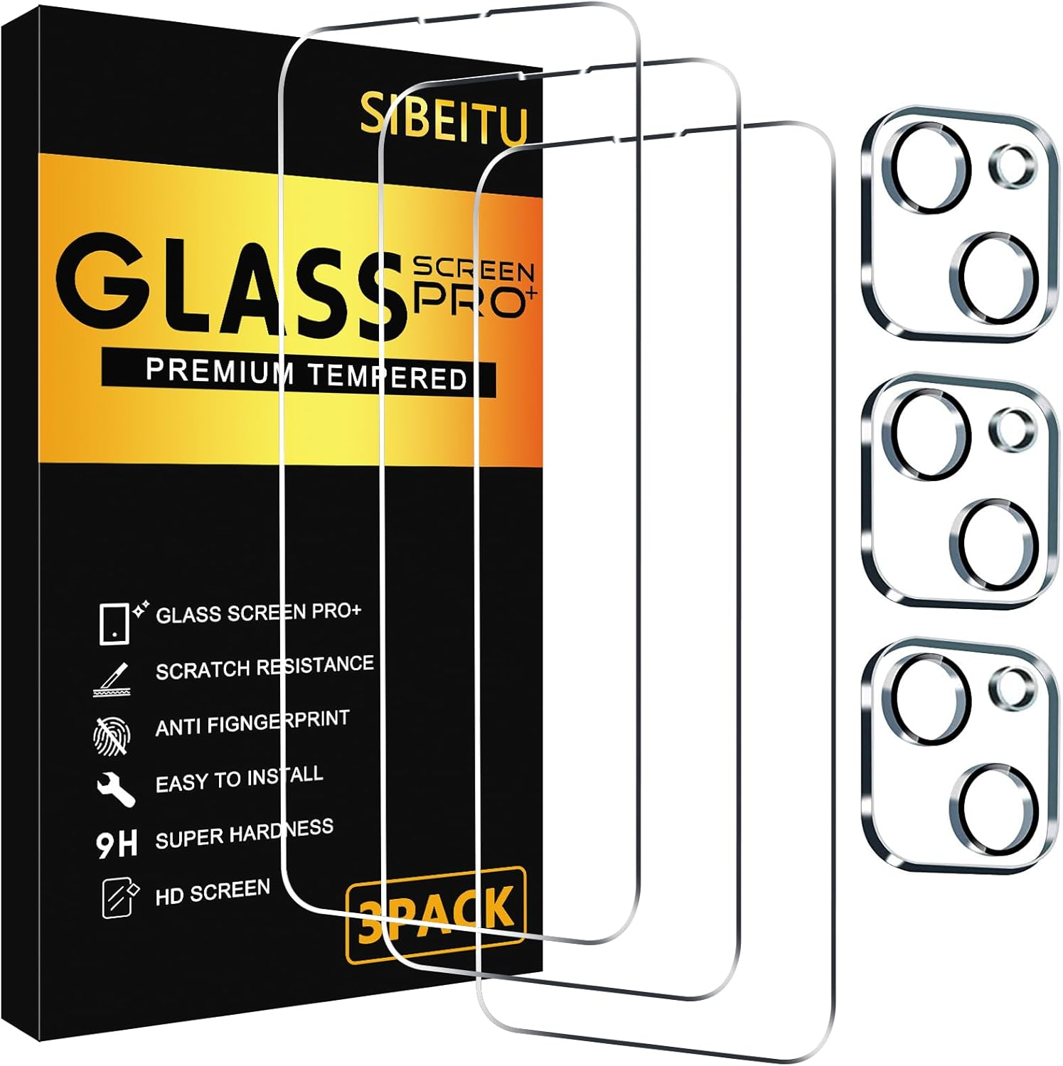 3 Pack Screen Protector for Iphone 13 with 3 Pack Camera Lens Tempered Glass Protector, 6.1 Inch HD Clear Tempered Glass Film 9H Hardness Full Coverage, Scratch Resistent, No Air Bubbles