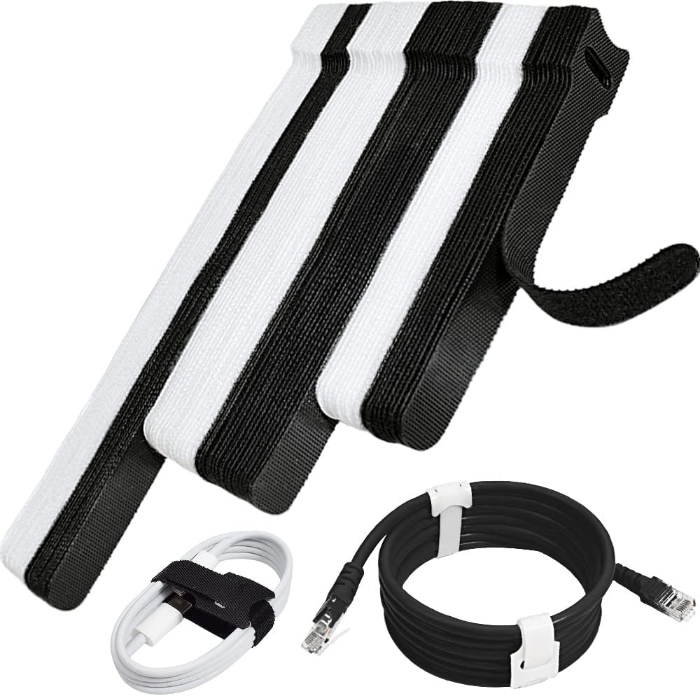70pcs Computer Cable Ties, Wire Ties, Cord Ties Reusable for Electronics, Hook & Loop Microfiber Cable Ties Extension for Storage, Black & White, 4, 6, 8 inch