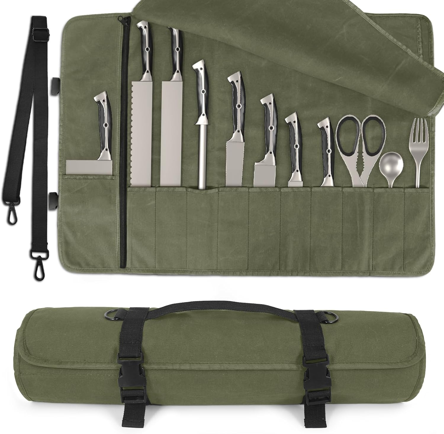Chef Knife Roll Bag,Waterproof Waxed Canvas Knife Case Holds,Knives Roll Bags for Chefs Professional with Adjustable Strap,Chef Backpack with 11 Knife Slots and a Large Zippered Pocket