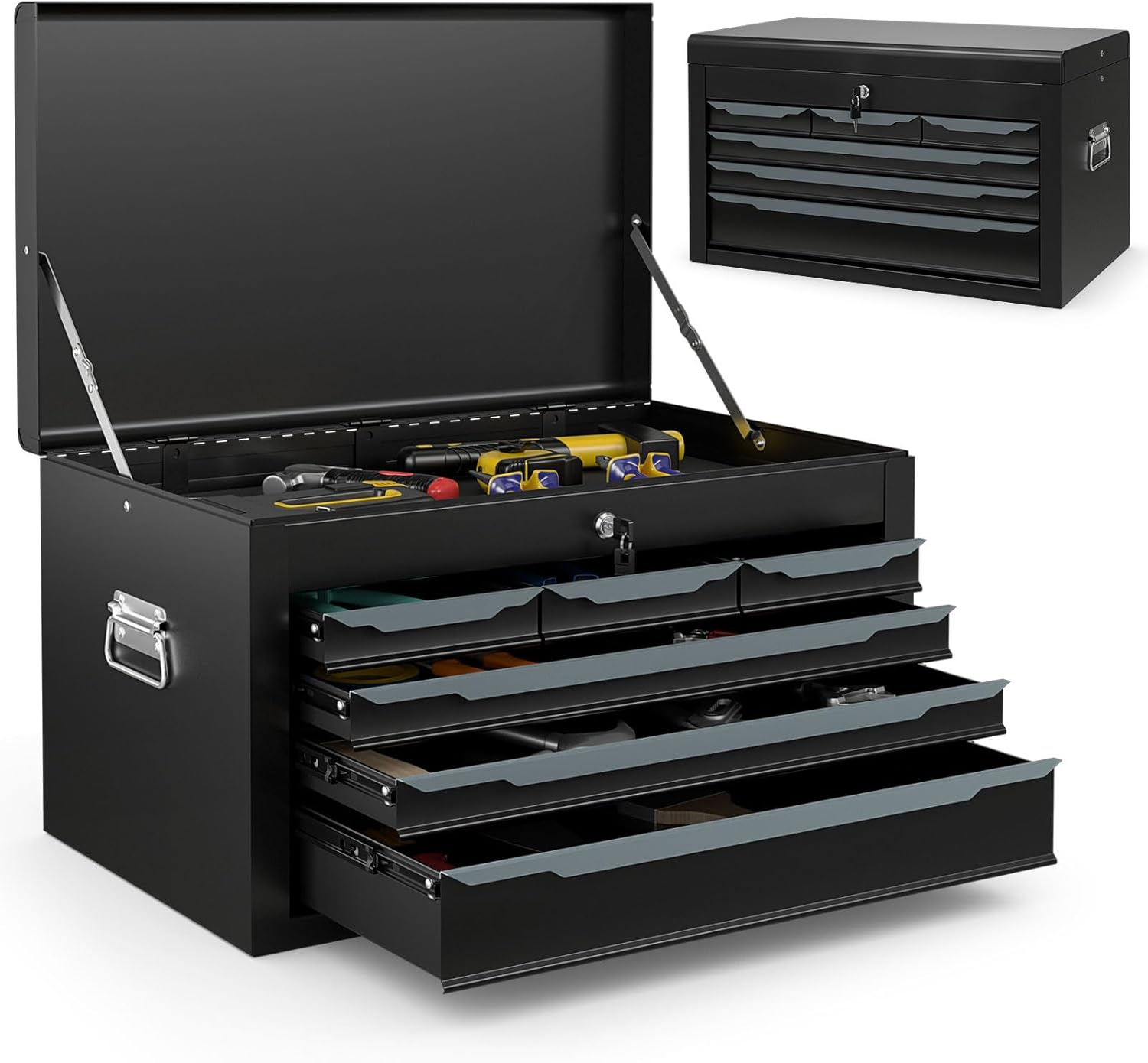 Heavy-Duty Metal Tool Box with 6 Drawers & Top Tray for Garage