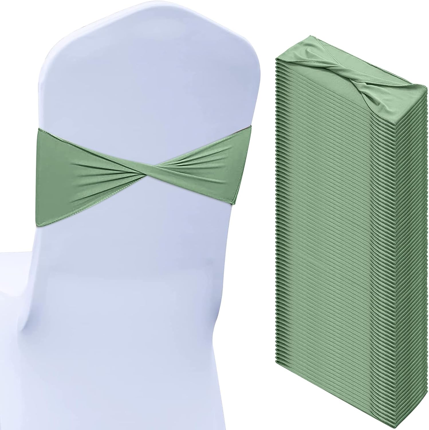 50 Pcs Spandex Chair Sashes Bows Chair Bands Slider Sashes for Covers Elastic Bands Ties without Buckle Decorations for Wedding Party Events Ceremony Birthday(Sage Green)