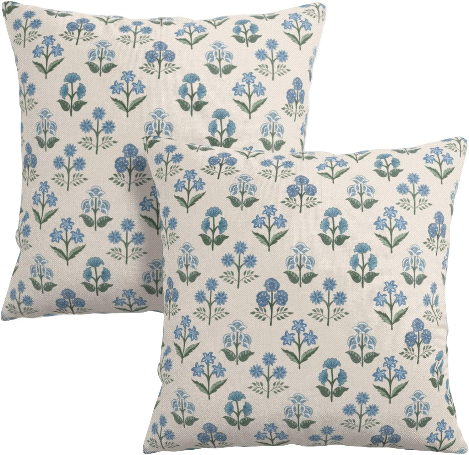 Floral Pillow Covers 18x18 Set of 2 Blue Green Block Print Throw Pillow Cases Vintage Flower Pattern Pillowcases Spring Summer Rustic Outdoor Cushion Covers for Farmhouse Sofa Couch Decor