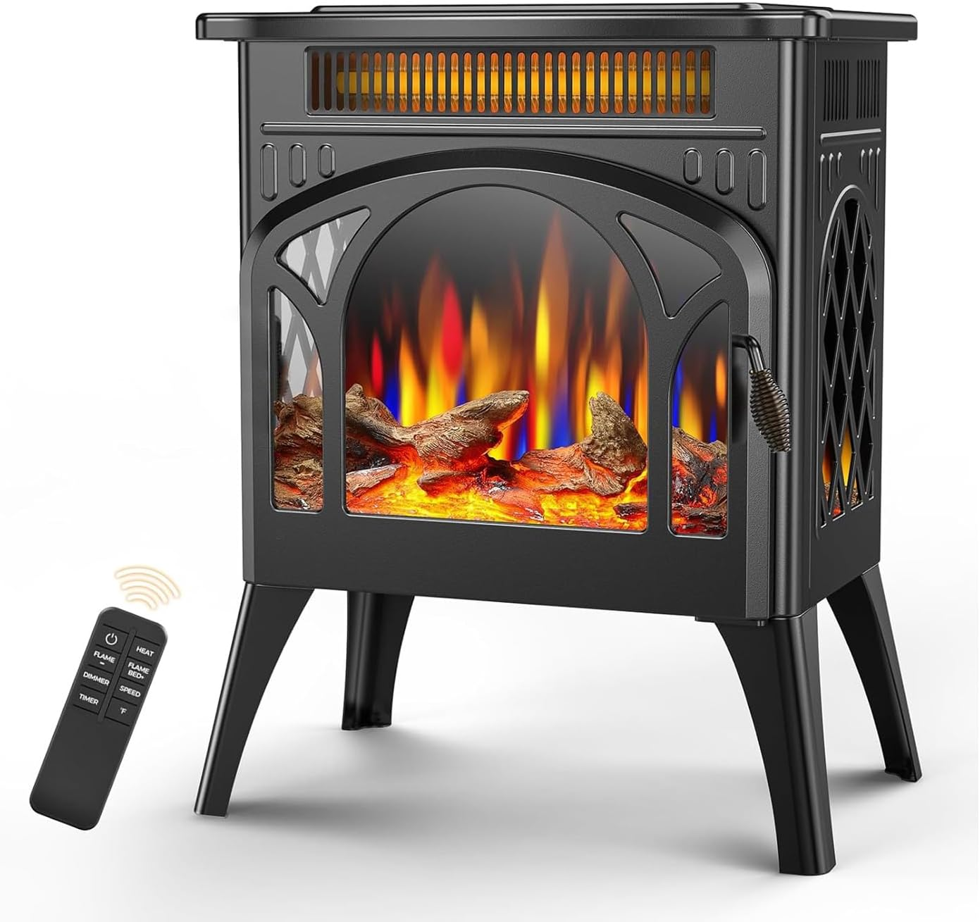Electric Fireplace Stove, Fast Heating, 1500W X Infrared Fireplace Heater with 8H Timer, Remote Control, Freestanding Stove with Adjustable 3D Flame Overheat Protection, Indoor Fireplace