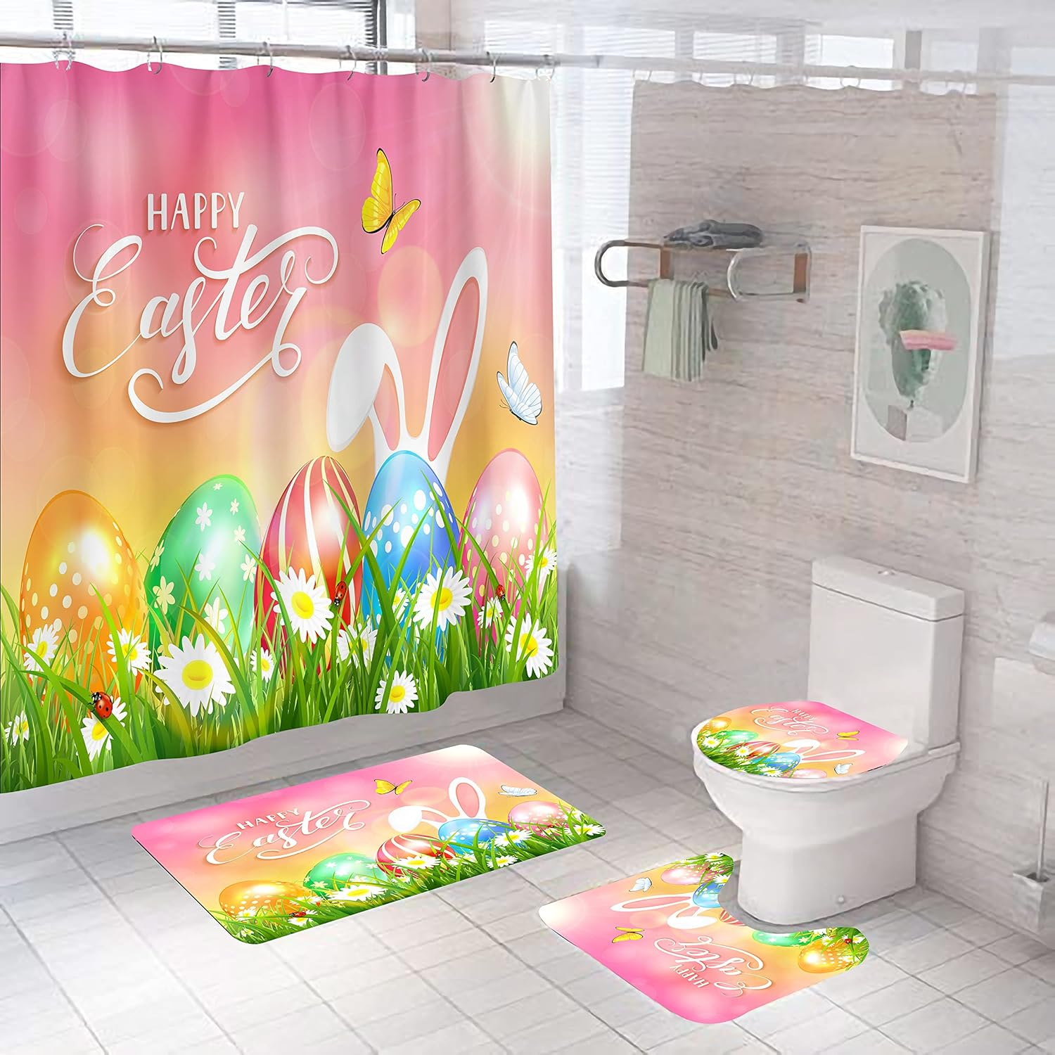 4Pcs Easter Shower Curtain Sets，Funny Rabbit Easter and Blue Eggs for Bathroom Decor，Happy Easter Rabbit Waterproof Fabric Curtains with Hooks 71x71 inches (Colour D)