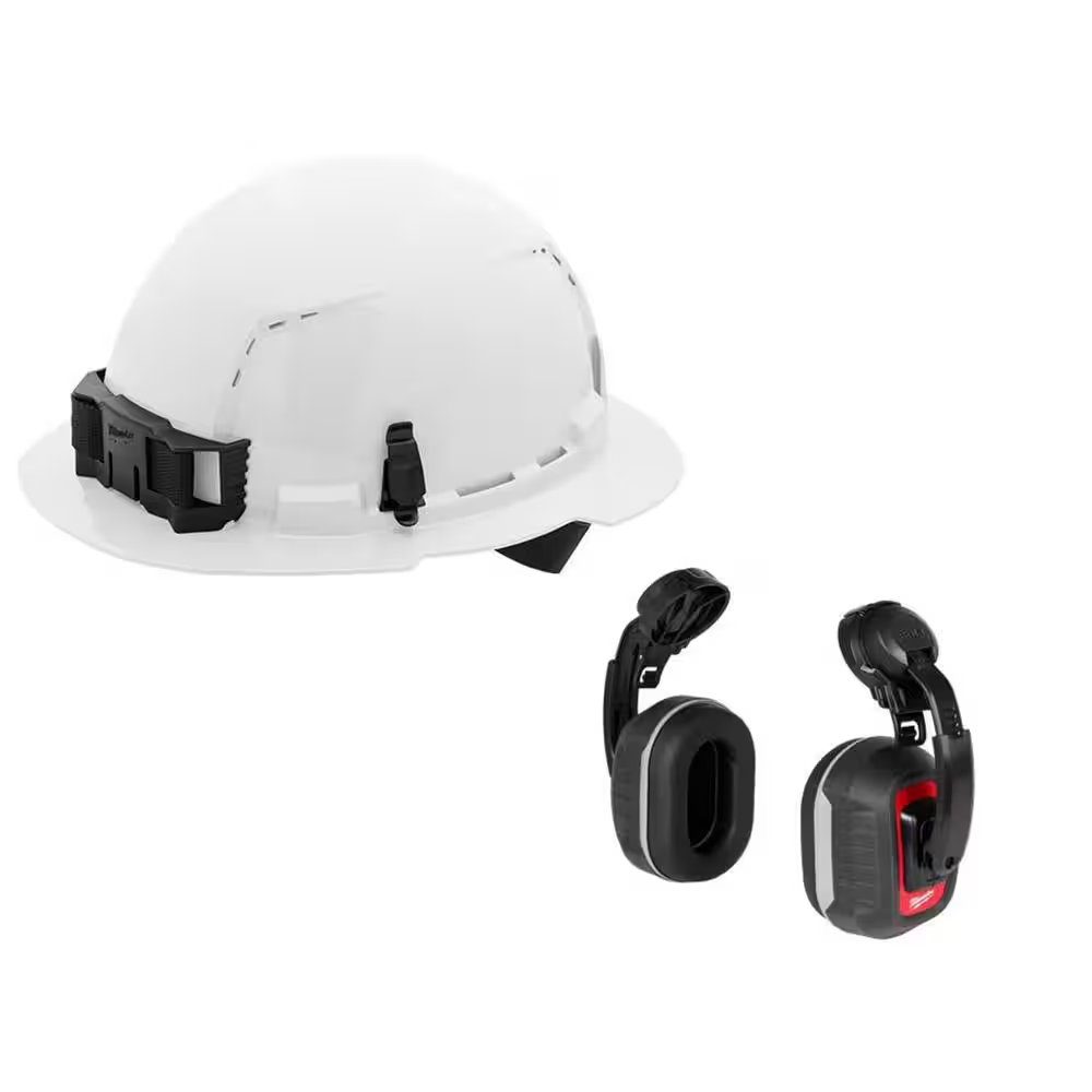 BOLT White Type 1 Class C Full Brim Vented Hard Hat with 4 Point Ratcheting Suspension W/BOLT HP Cap Mounted Ear Muffs