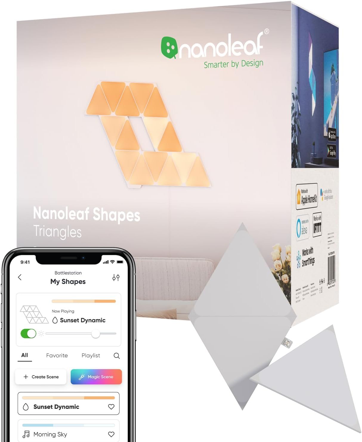 Nanoleaf Shapes Wifi and Thread Smart RGBW 16M+ Color LED Dimmable Gaming and Home Decor Wall Lights Expansion Pack (Triangles (3 Pack)
