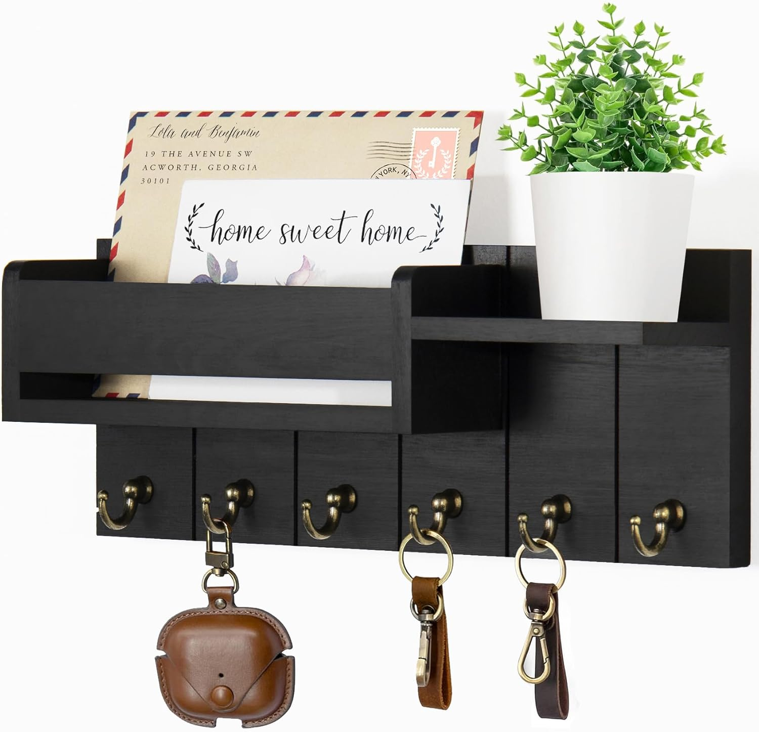 Relaxscene Key Holder Wall Mount - Decorative Key Rack and Mail Organizer with 6 Key Hooks - Wooden Key Hanger with Shelf for Living Room Decor - Rustic Farmhouse Home Entryway Aesthetic Essentials