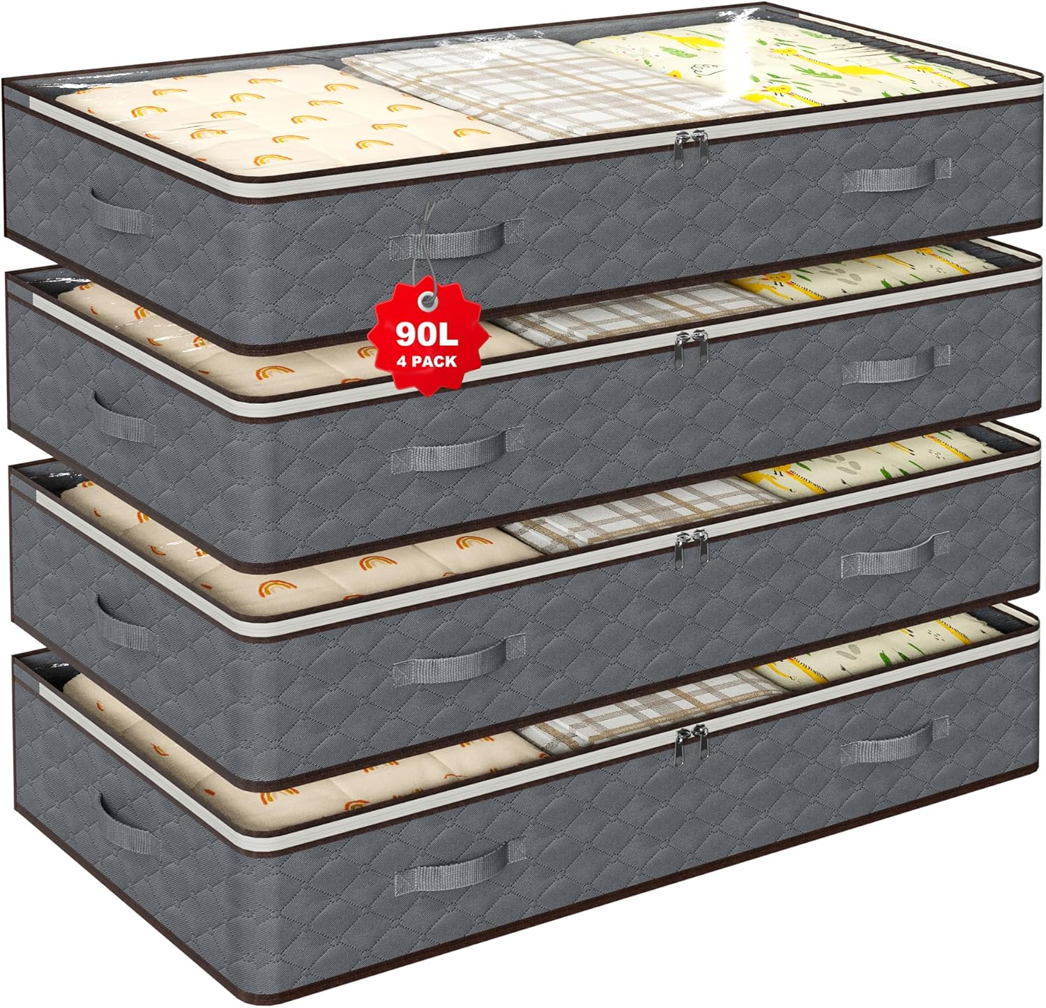 90L Under Bed Storage Containers, 4-Pack Organizers for Clothes, Shoes & Bedding