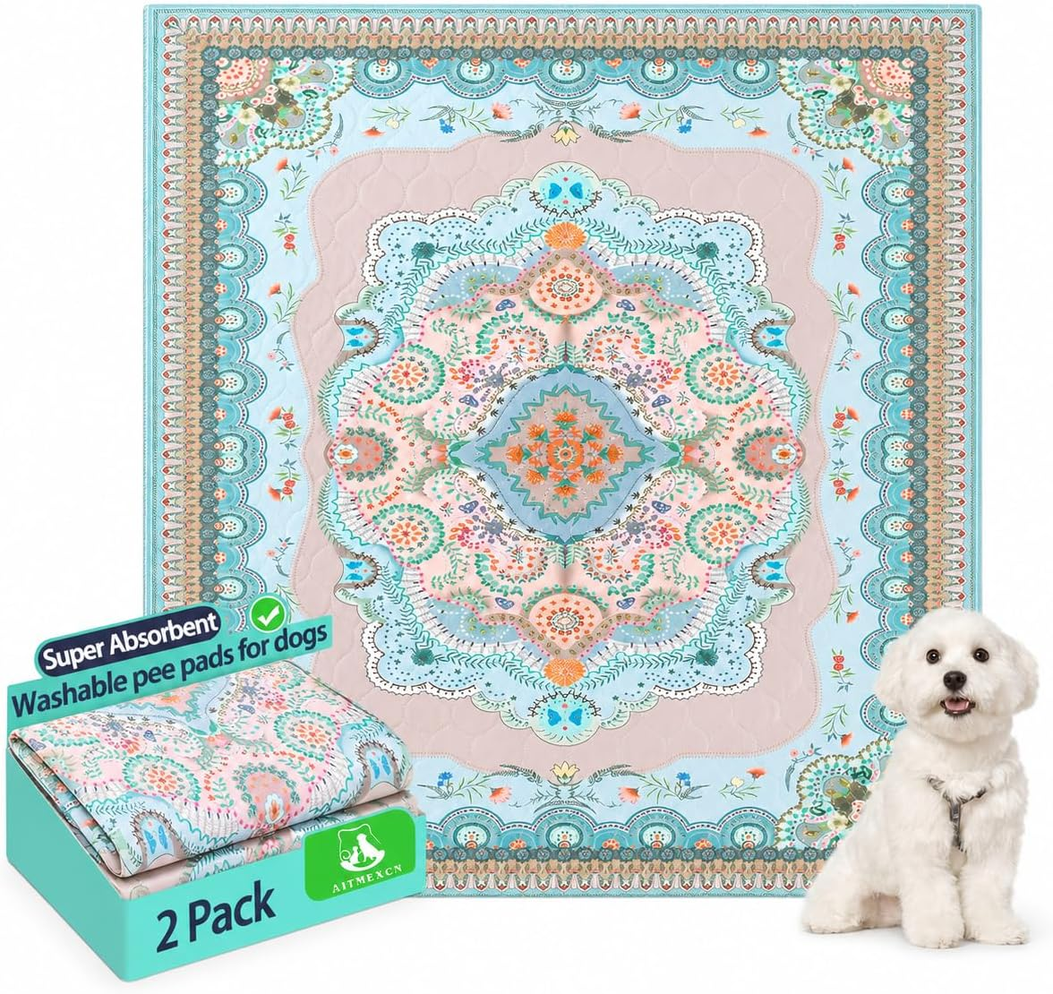 Washable Puppy Pee Pads for Dogs with Pheromones (Bohem 24" X24" 2 Pack), Traini