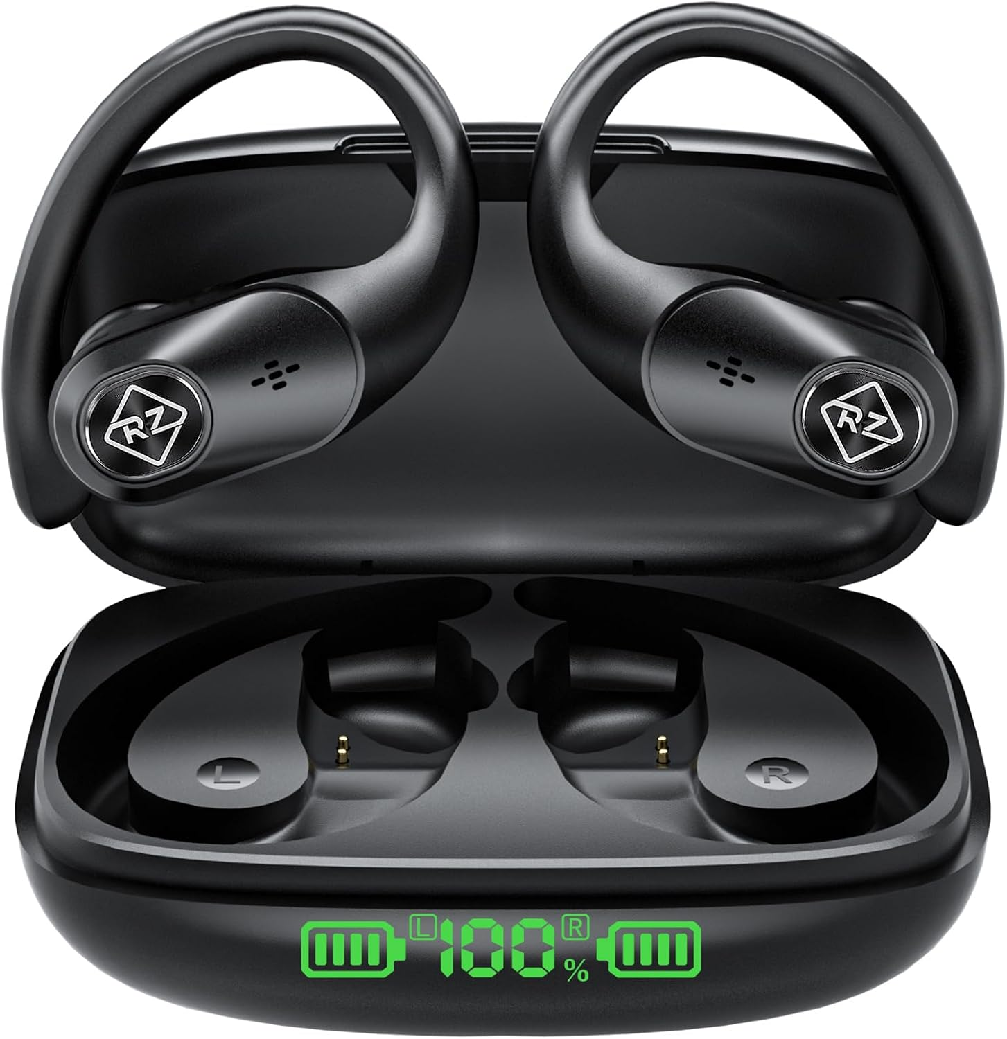 Wireless Earbuds Bluetooth Headphones 96H Playtime LED Display Waterproof Built in Mic Deep Bass Sound Secure over Ear Buds Earhooks for Iphone Android Samsung Cell Phones Sport Running Workout Gaming