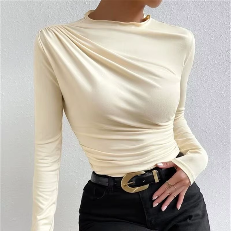 Fashion Lady'S Shirt Solid Color Slim Long Sleeve Designer T-Shirt Pleated Blouse Shirts for Women