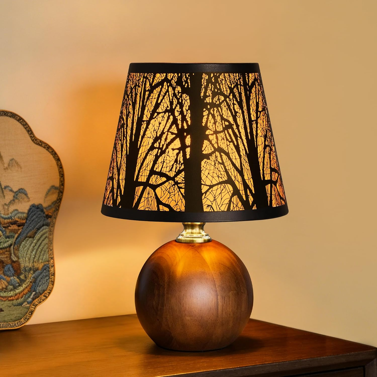 Gothic Table Lamp with 7.1In Forest Shade, Tree Lamp with Solid Wood Base, 3-Color Dimmable Mood Lighting Lamp, Aesthetic Dark Academia Decor, Unique Night Light for Bedroom, Bulb Included