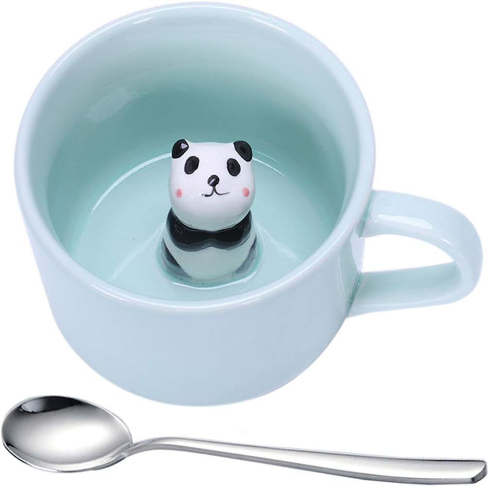 Panda Cup Bottom Animal Stereo Coffee Mug, 2Pcs Ceramic Milk Cup with Spoon, Drinking Cup | Unique & Fun Way of Drinking Your Favourite Beverage, 8 Oz