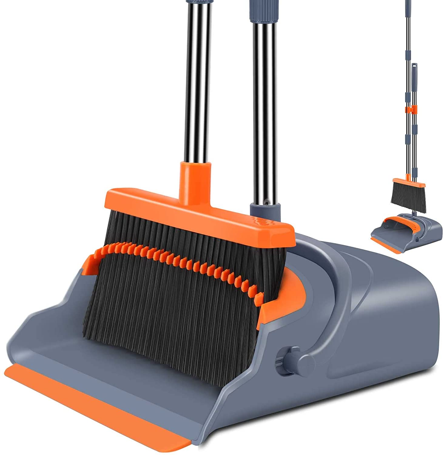 Upgrade Broom and Dustpan Set, Self-Cleaning with Dustpan Teeth, Ideal for Dog Cat Pets Home Use, Super Long Handle Upright Stand up Broom and Dustpan Set (Gray&Orange)