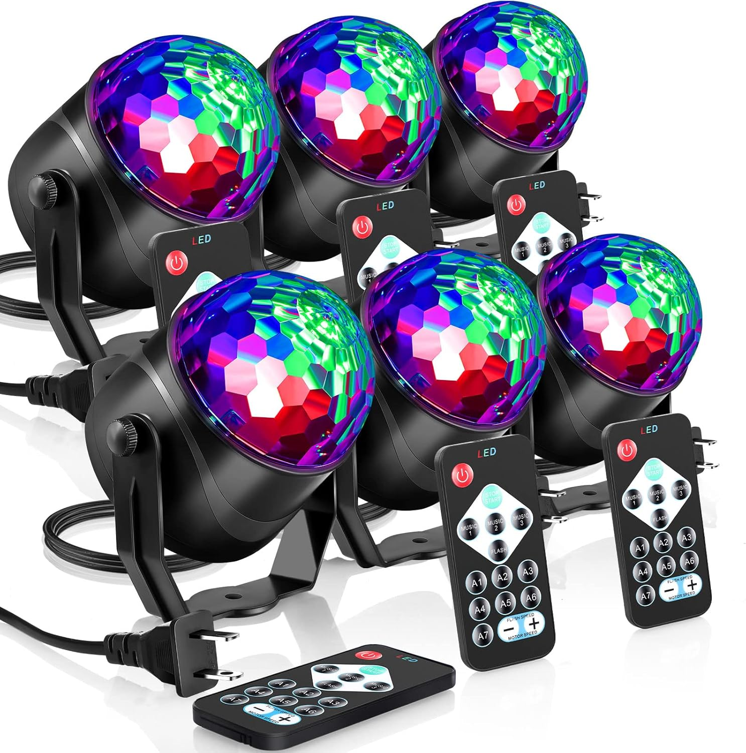 6 Pack Disco Ball Party Lights RGB DJ Strobe Light Lamp, 7 Modes Sound Activated Stage Light with Remote Control Plug in for Home Room Birthday Dance Parties Karaoke Bar Club Pub Wedding Show Xmas
