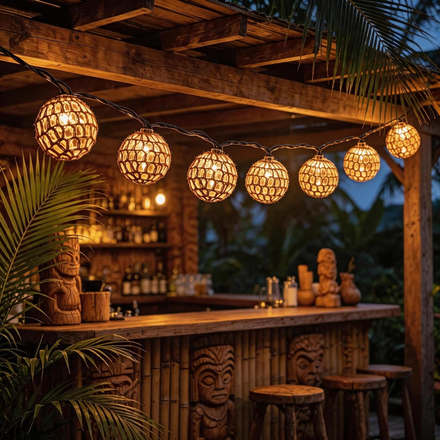Tiki Boho Decorative String Lights, Plug in 8.5Ft 10-Light UL Listed IP55 Waterproof, Connectable Warm White for Coastal Patio Bedside Balcony Tiki Bar Decor