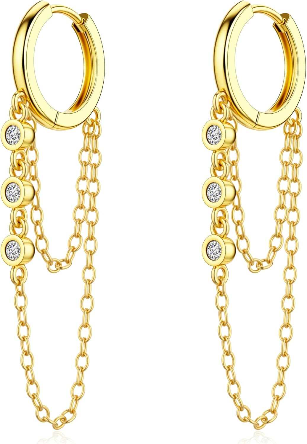 Tassel Chain Hoop Earrings for Women 14K Gold Plated Dainty CZ Small Huggie Hoops Hypoallergenic Statement Jewelry Gifts