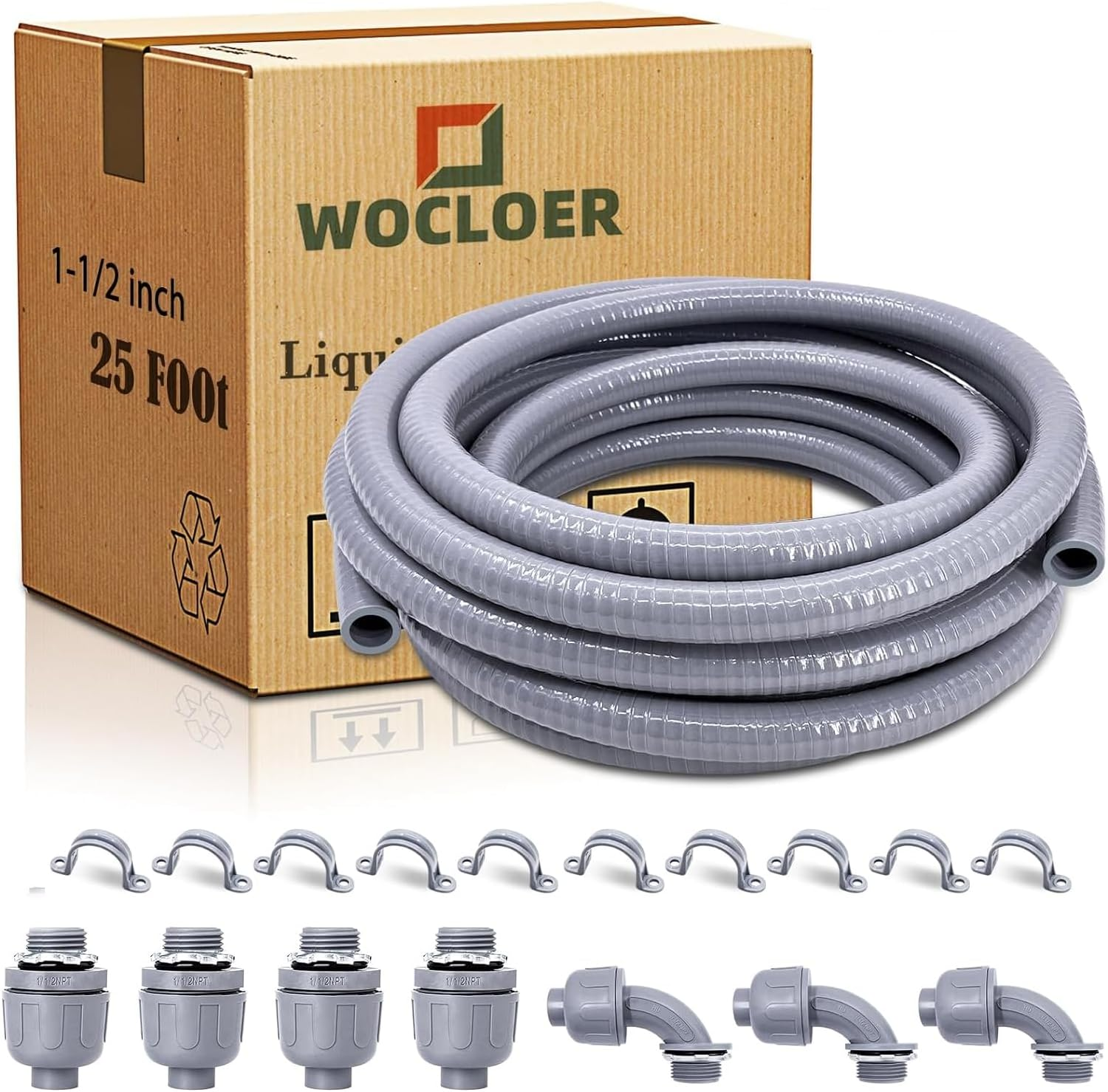 1-1/2 Inch 25 Foot Liquid-Tight Conduit Kit, Flexible Non Metallic Electrical Conduit and Connector Kit, with 4 Straight and 3 Angle Fittings