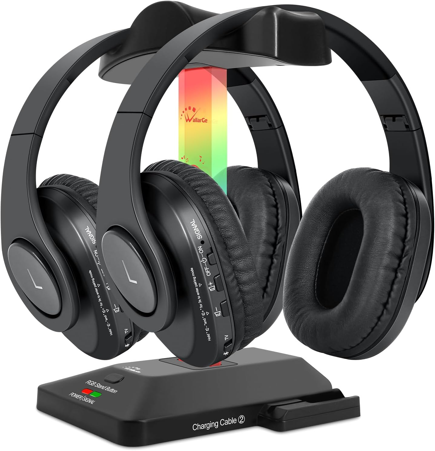 Wallarge Dual Wireless Headphones for TV Watching with RF Transmitter, Bluetooth Over-On Ear TV Headphones Wireless for Seniors, No Lip-Sync Delay, Plug & Play. Set of Two