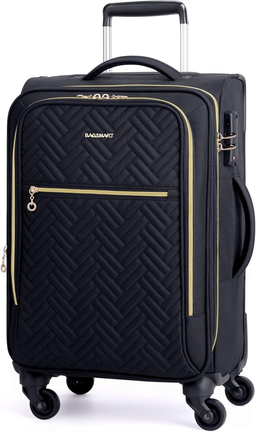 Carry on Luggage 20 Inch,Softside Expandable Suitcase with Spinner Wheels, Luggage 22X14X9 Airline Approved Rolling Lightweight Suitcases for Women Men, Compact Carry-On (Black)