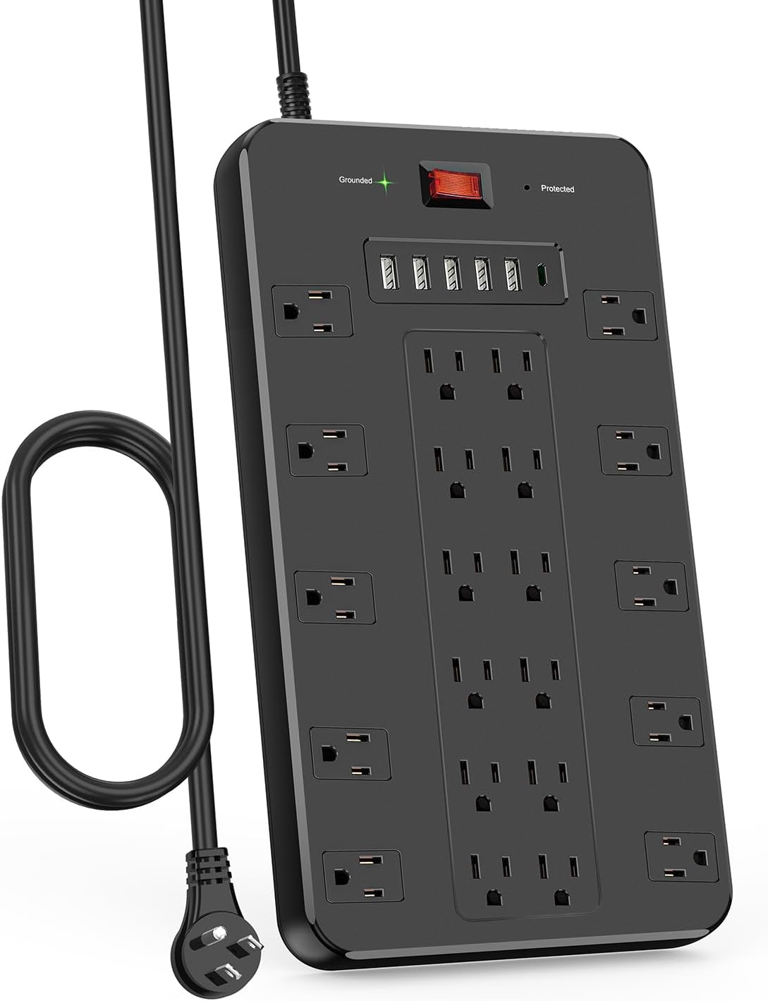 Surge Protector Power Strip, FDTEK 22 AC Multiple Outlets with 6 USB (1 USB-C), 6.5Ft Extension Cord Flat Plug Outlet Extender Heavy Duty Power Strip for Home Office Dorm Gaming (2100J, 15A/1875W)