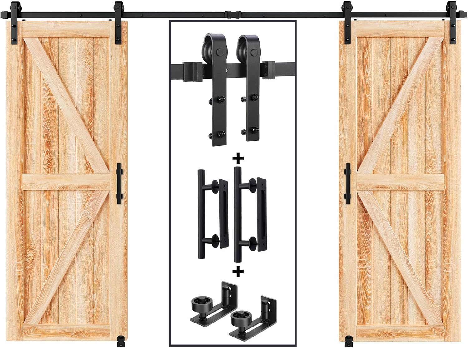 Easelife 12 FT Double Sliding Barn Door Track and Handle Hardware Kit,Basic J Pulley,Slide Smoothly Quietly,Easy Install (12FT Track Kit for 33