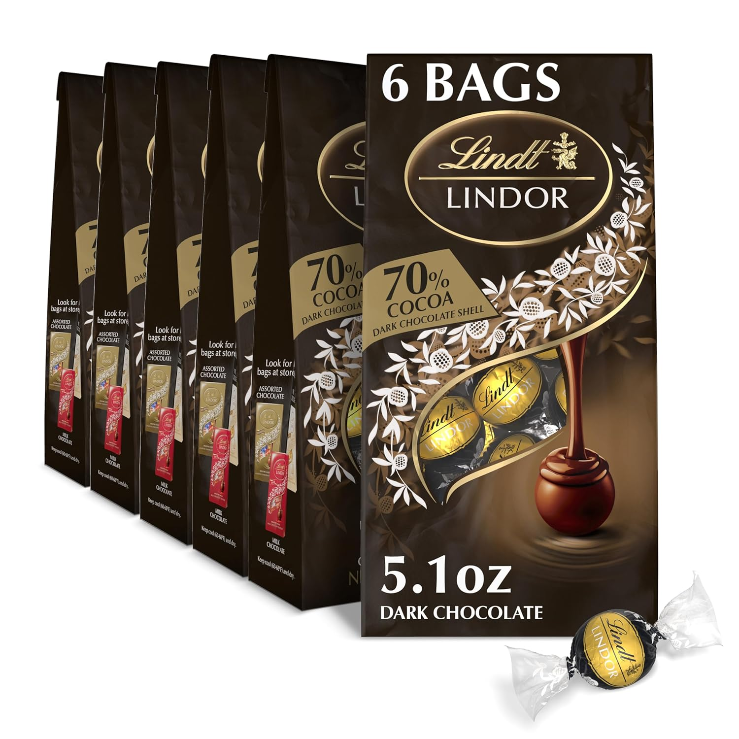 LINDOR 70% Extra Dark Chocolate Truffles, Dark Chocolate Candy with Smooth, Melting Truffle Center, Great for Gift Giving, 5.1 Oz. Bag (6 Pack)