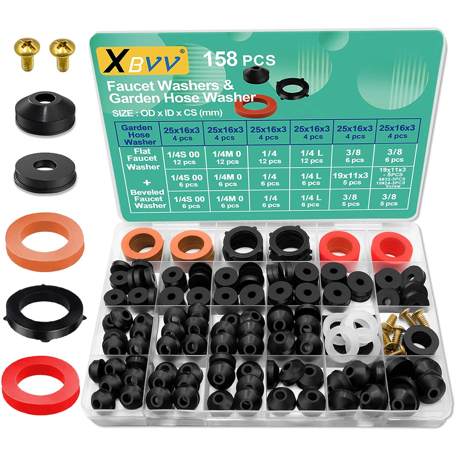 Faucet Washers Assorted Kit - Indoor Outdoor Faucet Repair Kit For Home Maintenance - Faucet Washer Assortment Kit - Hose Bib & Water Spigot Repair Kit - Plumbing Washers For Garden/Outside Faucet