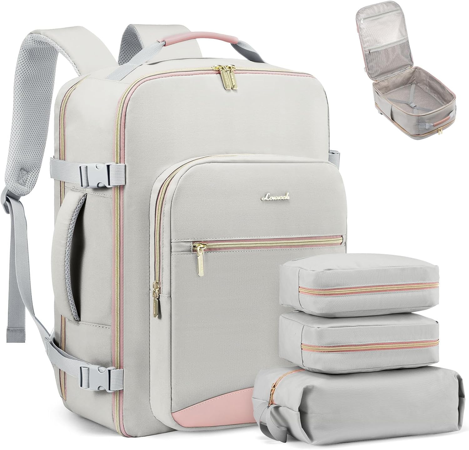 LOVEVOOK Carry on Travel Backpack, 40L Waterproof Large 17Inch Laptop Luggage Daypack as Personal Item Flight Approved, Business Weekender Overnight with 3 Packing Cubes, Light Gray-Pink