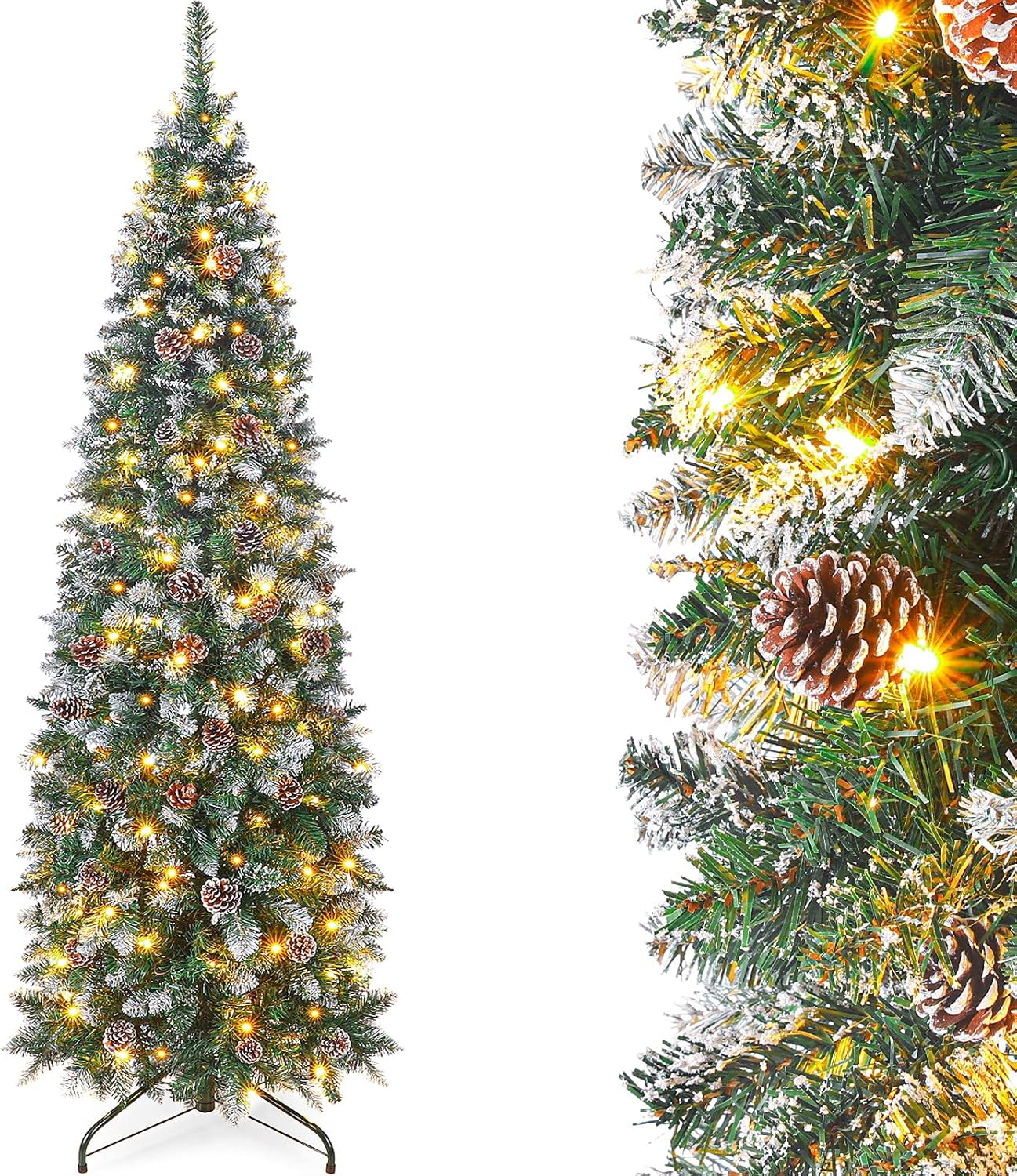 Pencil Christmas Tree 7 Foot Pre-Lit Artificial Christmas Tree with Flocked Snow Pine Cone 210 Warm White Light Holiday Decor